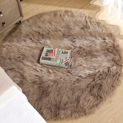 ORINOVA Beige 3ft Round Fluffy Shaggy Rug Washable Soft Area Rug for Living Room Bedroom Cute Room Decor Circle Nursery Rug Faux Fur Carpet