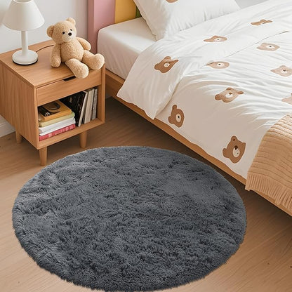 OLANLY Grey Round Rugs for Bedroom - Machine Washable, 3 ft Circle Area Rugs for Living Room, Soft and Fluffy Shaggy Carpet for Teen Girls and Boys, Nursery Rooms, Dorms, Home Decor Aesthetic