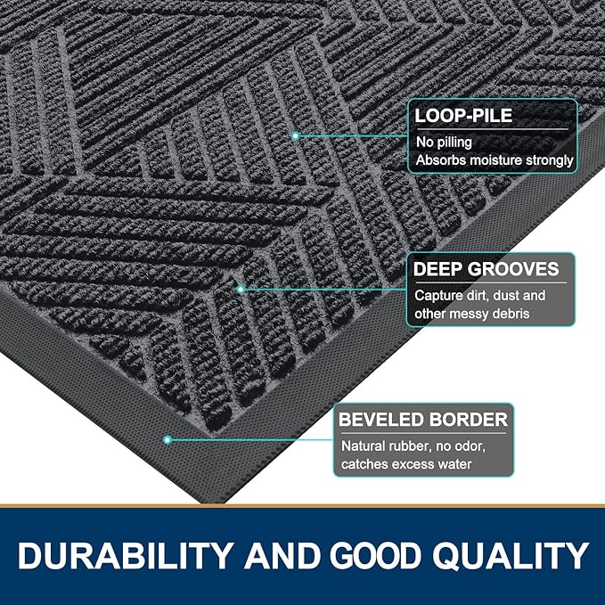 Smiry Front Door Mat Outside Entrance, Heavy Duty Sturdy Natural Rubber Doormat, Trap Dirt and Moisture, Easy Clean Low Profile Welcome Floor Mats for Indoor Outdoor Entry, 35X23 Inch, Silver Grey