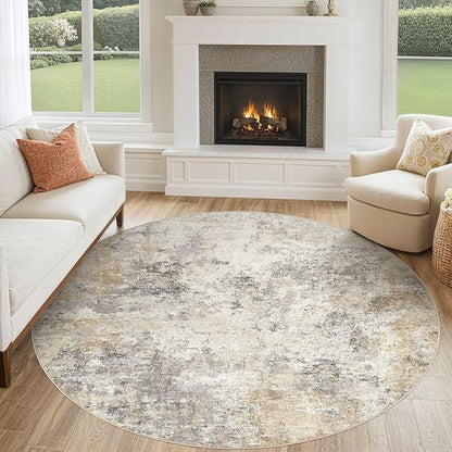 UERMEI 6ft Round Area Rug Living Room Rugs - 6x6 Washable Neutral Modern Abstract Soft Thin Rug Indoor Floor No Slip Rug Carpet for Bedroom Under Dining Table Home Office Decor - Golden Grey