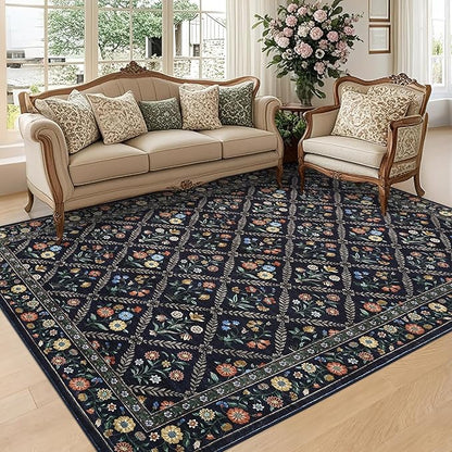 GarveeHome Living Room Rug 5x7 Rug Machine Washable Stain Resistant Area Rug Non Slip Floral Vintage Low Pile Rugs for Living Room, Bedroom, Farmhouse, Dining Room, Kids PlayroomNavy&Black