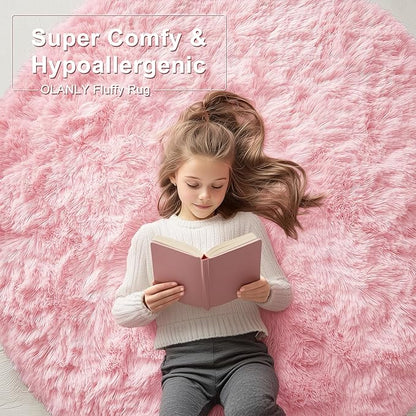 OLANLY Pink Round Rugs for Bedroom - Machine Washable, 5 ft Circle Area Rugs for Living Room, Soft and Fluffy Shaggy Carpet for Teen Girls and Boys, Nursery Rooms, Dorms, Home Decor Aesthetic