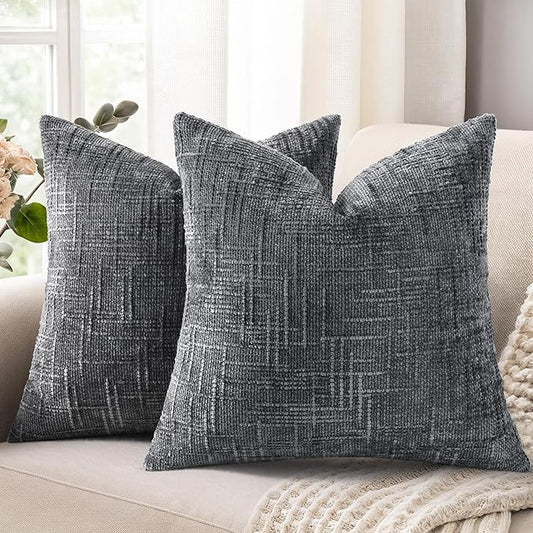 decorUhome Dark Grey Chenille Throw Pillow Covers 16x16 Set of 2 Textured Soft Cozy Slubby Couch Pillow Covers Modern Farmhouse Boho Decorative Pillow Cases for Bed Sofa Living Room