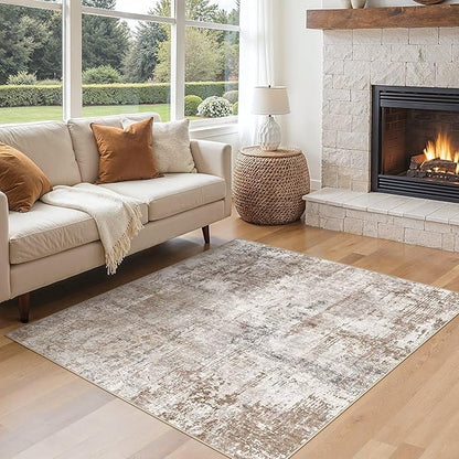 UERMEI Square Area Rugs : Washable 6x6 Neutral Modern Abstract Carpet for Living Room Bedroom - Soft Floor Mat with Non Slip Backing for Kitchen Nursery Dorms Farmhouse Home Decor - Brown/Grey/Red