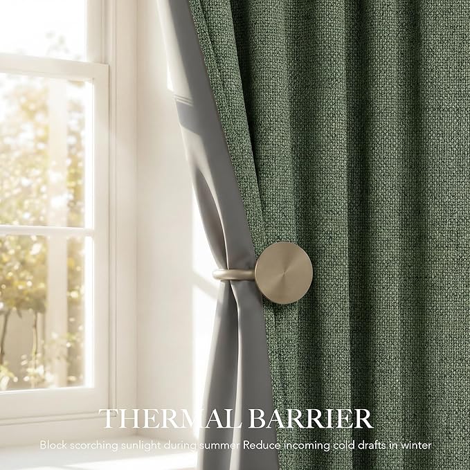 RYB HOME Olive Green 100% Blackout Linen Curtains 90 inches Long, Luxury Thermal Insulated Room Darkening Drapes for Living Room/Bedroom/Sliding Doors, Back Tab&Rod Pocket, W52xL90, 2 Panels