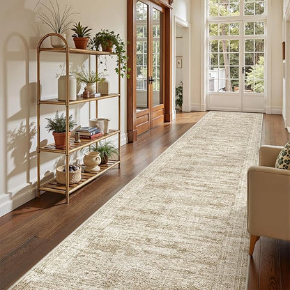 3x16 Washable Runner Rug for Hallway, Non-Slip Long Hallway Runner for Entryway, Soft Vintage Kitchen Mats for Floor, Abstract Dining Room, Bedroom, Living Room Rugs(3'x16', Brown/Ivory)