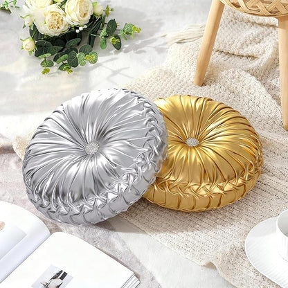 HIG Set of 2 Handcrafted Silver Ruched Round Throw Pillows – 14.5’’ Metallic Leather Decorative Pillows with Soft Polyester Filling for Couch, Bed, Living Room, Bedroom, or Dorm