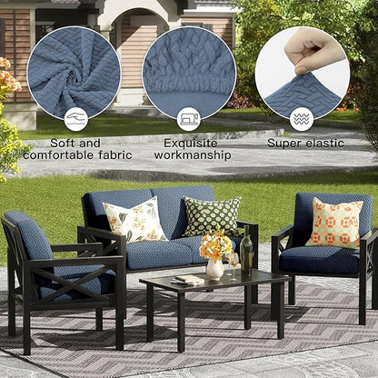 8Pcs Outdoor Cushion Covers,Patio Cushion Covers,Stretch Elastic Slipcovers,Replacement Washable & Reusable Furniture Protector for Patio Couch,Jacquard Textured Twill Fabric(Grey Blue)