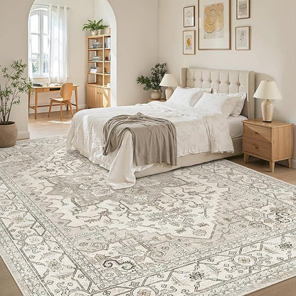 Madane Washable Rug 8x10 Area Rugs for Living Room, Ultra-Thin Non-Slip Backing Rug, Stain Resistant Vintage Large Area Rug for Bedroom (Beige/Brown, 8'x10')