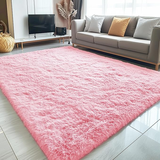 OLANLY 5x7 Machine Washable Large Area Rugs for Living Room, Bedroom, Soft Fluffy Shaggy Bedside Rug, Indoor Floor Carpet for Kids Girls and Boys, Dorms, Nursery, Home Decor Aesthetic, Pink