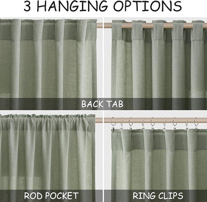 Nanspring Desert Sage Linen Curtains 72 Inch Length for Living Room Semi Sheer Light Filtering Door Drapes 2 Panels Set for Kids Bedroom Back Tab Rod Pocket Modern Farmhouse Decor 52x72