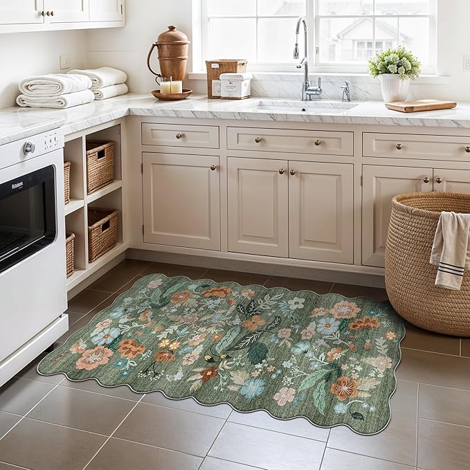 Washable Floral 2x4 Area Rug: Indoor Soft Scalloped Carpet for Entryway Kitchen Non-Slip Water Resistant Bathroom Laundry Floor Mat Low Pile Durable Nursery Door Mat Cute Home Decor(2x4 Floral/Green)