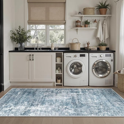 Runner Rug 2'x6' Abstract Washable Non-Slip Runner Rugs for Kitchen Bathroom Laundry Room Blue Vintage Floor Carpet Runners for Hallway Entryway