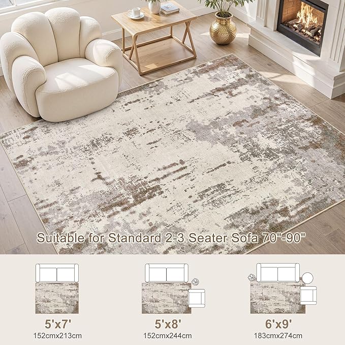 UERMEI 5x7 Area Rug Living Room Rugs - Washable Neutral Modern Abstract Soft Thin Rug Indoor Floor No Slip Rug Carpet for Bedroom Under Dining Table Home Office Decor - Brown/Grey/Beige