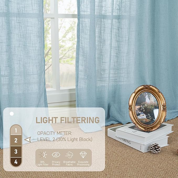 LAMIT 102 Inches Long Linen Curtains for Living Room, Back Tab and Rod Pocket Semi Sheer Curtains Light Filtering Farmhouse Drapes for Bedroom/Dining Room, Stone Blue, Set of 2, 52 x 102 Inch