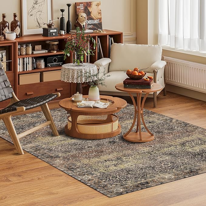 Washable Area Rug 4' x 6' Vintage Traditional Persian Mat - Foldable Distressed Non-Slip Machine Washable Carpet for Living Room Bedroom Kitchen Home Decor - Umber and Slate