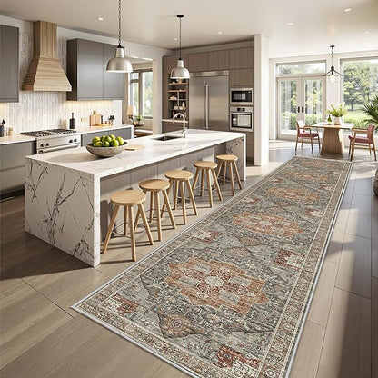 Hallway Runner Rug 2x12, Extra Long Washable Runner Rugs with Rubber Backing, Non Slip Runner, Vintage Rug Runners for Kitchen Laundry Room Entryway (Grey/Brown/Tan,2'x12')