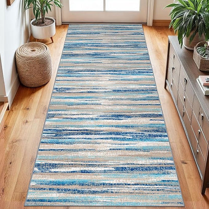 Lansny Modern Abstract Runner Rug 2.6x8, Blue Washable Kitchen Runner Non-Slip Soft Hallway Rug Runner Thin Print Faux Wool Carpet for Entryway Bedroom Laundry Room Indoor Home Decor