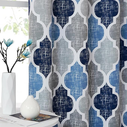 Beauoop 100% Blackout Curtains 54 Inches Long 2 Panels for Bedroom Living Room Blue Grey Moroccan Geo Room Darkening Thermal Insulated Soundproof Grommet Top Window Treatments Drapes, 50x54 Set of 2