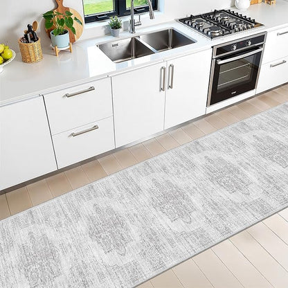 2x12 Runner Rug, Long Hallway Rugs for Dining Room, Living Room, Bedroom, Machine Washable Kitchen Carpet Runner with Rubber Backing, Soft Low Pile Indoor Rug(2'x12', Light Grey/White)