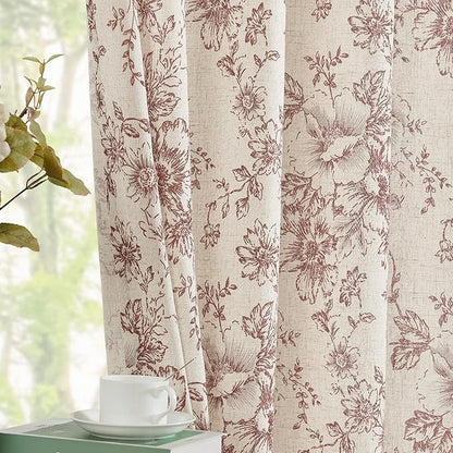 jinchan Linen Blend Curtain Floral Curtains for Living Room 96 Inch Length Farmhouse Brick Red Printed Curtain Rod Pocket Back Tab Peony Flower Patterned Drapes Curtains Set 2 Panels
