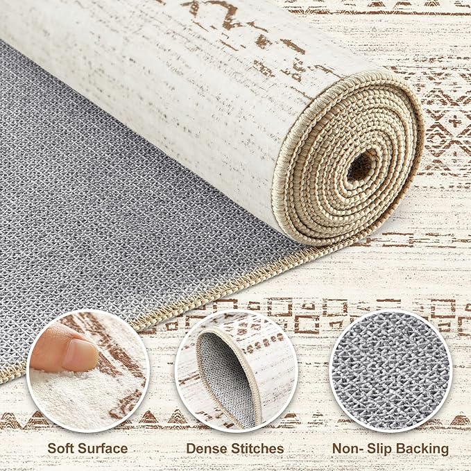 Nakagishi 7x10 Area Rug Living Room: Washable Boho Large Neutral Modern Soft Farmhouse Rugs Stain Resistant Indoor Floor Non-Slip Carpet for Bedroom Nursery Kids Playroom Office Dining Room- Brown