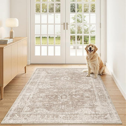 Madane 3x5 Area Rugs for Entryway,Washable Vintage Low Pile Non-Slip Throw Area Rugs, Accent Rug Floral Print Indoor Mat for Bedside Living Room Kitchen Bedroom, Brown/Sand