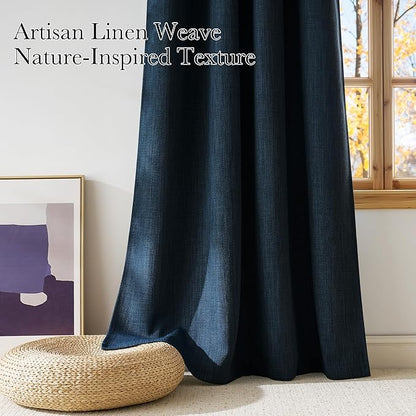 NICETOWN Faux Linen Navy Blue Blackout Curtains 84 inches Long for Living Room - Privacy Panels for Bedroom, Modern Farmhouse Style Easy Care Grommet Top, 2 Panels, W52 by L84