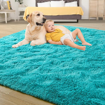 Tepook Super Soft Fluffy Rug for Bedroom, Modern Shaggy Fuzzy Kids Rugs for Living Room, Plush Indoor Nursery Home Decor Dorm Carpet with Non-Slip Bottom, Teal Blue, 4 X 6 Feet