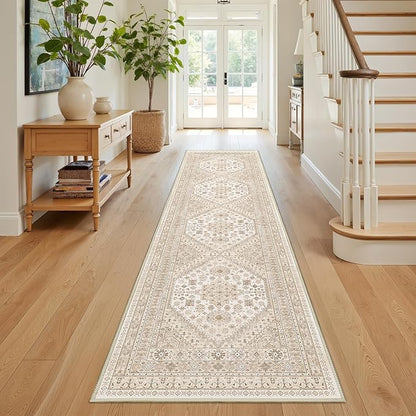 Runner Rug 2x8 Runners for Hallways Non Slip Washable, Vintage Hallway Runner Rugs for Living Room, Low Pile Soft Hallway Rug for Kitchen Bedroom Laundry Room(Cream/Beige,2'x8')
