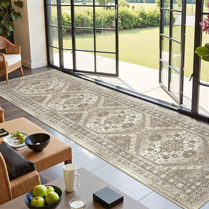 Runner Rug 2x10, Ultra-Thin Kitchen Rugs Non Slip Washable Rugs for Entryway Rug, Kitchen Runner Low Pile Vintage Soft Carpets for Living Room, Bathroom Bedroom (Brown,2'x10')