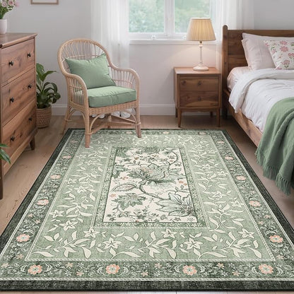 GarveeHome Provence Botanical Grove 4x6 Rug Sage Green Vintage Cottagecore Carpet 4 x 6 Area Rug for Bedroom Living Room Nursery Kitchen Entryway Indoor Mat