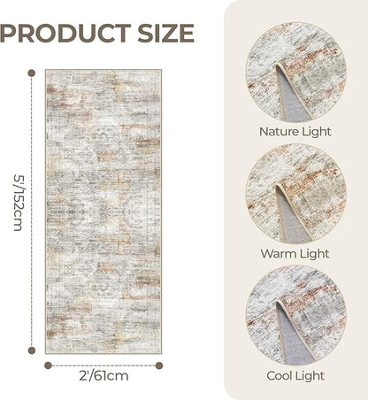 2x5 Rug Runner Washable for Entryway, Soft Bathroom Rugs with Non-Slip Backing, Abstract Low Pile Hallway Runner, Vintage Small Kitchen Carpet for Stair, Laundry Room(2'x5', Grey/Rust)