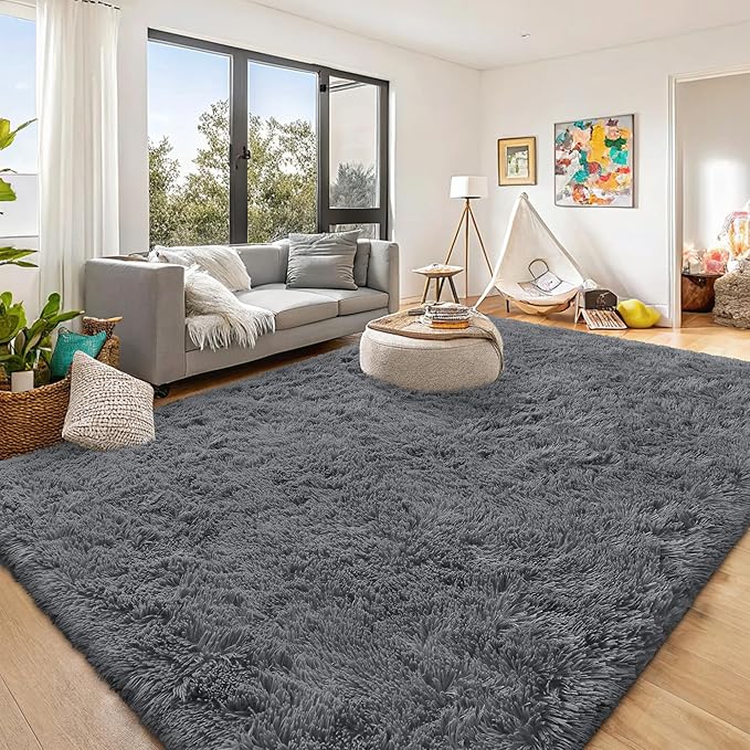OLANLY 8x8 Machine Washable Large Area Rugs for Living Room, Bedroom, Soft Fluffy Shaggy Bedside Rug, Indoor Floor Carpet for Kids Girls and Boys, Dorms, Nursery, Home Decor Aesthetic, Grey