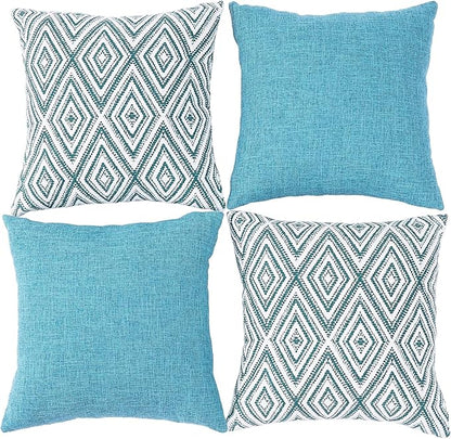 HPUK Decorative Throw Pillow Covers Set of 4 Geometric Design Linen Cushion Cover for Couch Sofa Living Room, 18"x18" inches, Aqua Blue