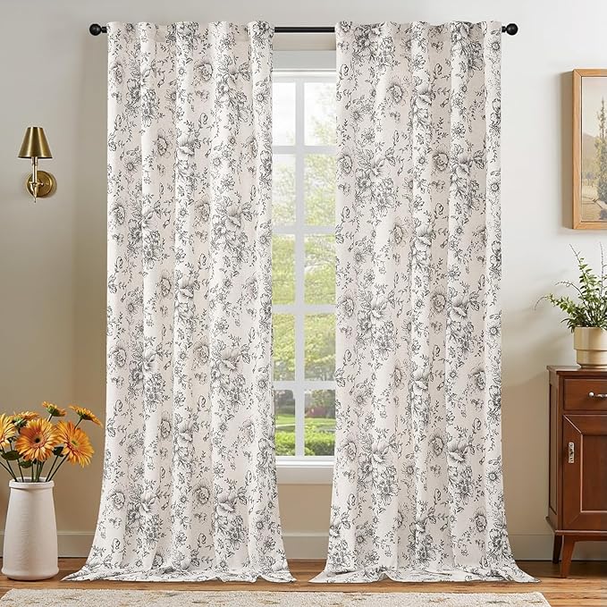 jinchan Linen Blend Curtain Floral Curtains for Living Room 102 Inch Length Black Printed Curtain Rod Pocket Back Tab Farmhouse Peony Flower Patterned Drapes Bedroom Window Curtains Set 2 Panels