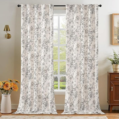 jinchan Linen Blend Curtain Floral Curtains for Living Room 102 Inch Length Black Printed Curtain Rod Pocket Back Tab Farmhouse Peony Flower Patterned Drapes Bedroom Window Curtains Set 2 Panels
