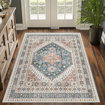 3x5 Washable Area Rug for Entryway, Kitchen Rugs Non Slip for Dining Room, Vintage Floral Soft Living Room Rug, Thin Area Rug Indoor for Bedroom, Kids Room Decor(Blue/Red,3'x5')