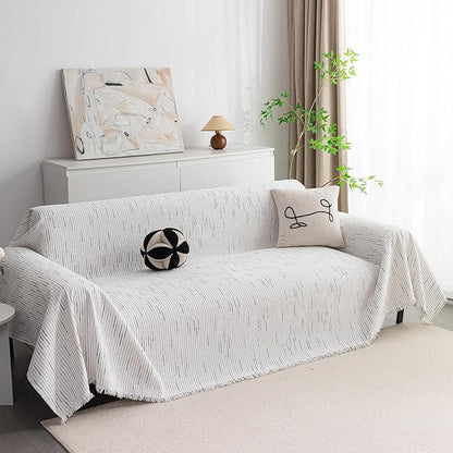 MYSKY HOME Boho Couch Cover White Sofa Covers with Tassel Farmhouse Sofa Slipcover Simple Couch Protector for Dogs Chenille Sectional Couch Covers L Shaped Couch Cushion Covers, 91"x 134"