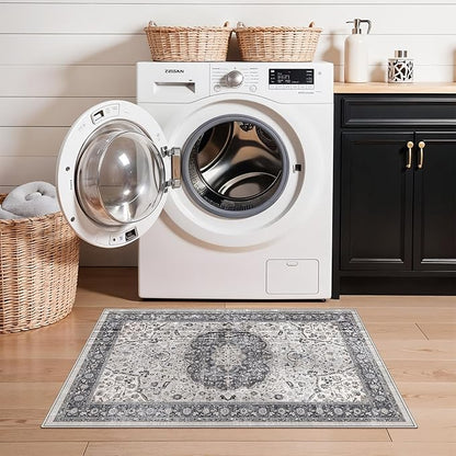 Washable 2x3 Entryway Area Rug: Vintage Soft Thin Door Mat with Non Slip Backing Water Resistant Carpet for Bedroom Low Pile Floor Mat for Kitchen Bathroom Laundry Easy Clean Rug for Family(2x3,Grey)