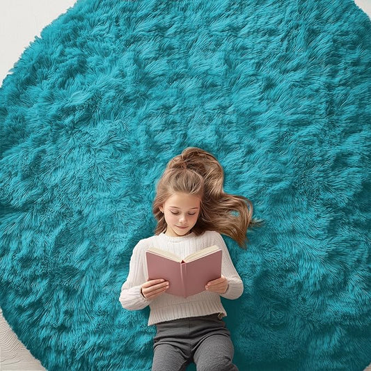 OLANLY Teal Round Rugs for Bedroom - Machine Washable, 7 ft Circle Area Rugs for Living Room, Soft and Fluffy Shaggy Carpet for Teen Girl and Boys, Nursery Rooms, Dorms, Home Decor Aesthetic