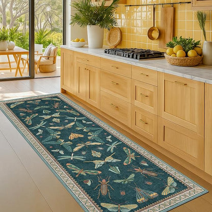 Hazo Haus Brown and Green Kitchen Sink Runner Rug 2x5 - Teal Boho Bathroom Rugs for Entrance Indoor, Insect Print Floral Vintage Unique, Washable Non Skid Stain Resistant