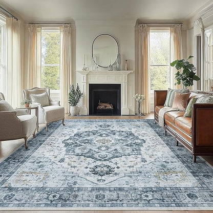 AMADA HOMEFURNISHING 8x10 Area Rug, Washable Low-Profile Large Area Rug with Non-Slip Backing & Durable Edge Binding, Vintage Large Rugs for Living Room, Bedroom