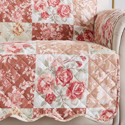 Great Bay Home Reversible Floral Patchwork Sofa Furniture Protector - Machine Washable, Scalloped Edge, Stain Resistant, Printed Furniture Cover for Dogs, Kids, and Pets (Burgundy/Taupe)