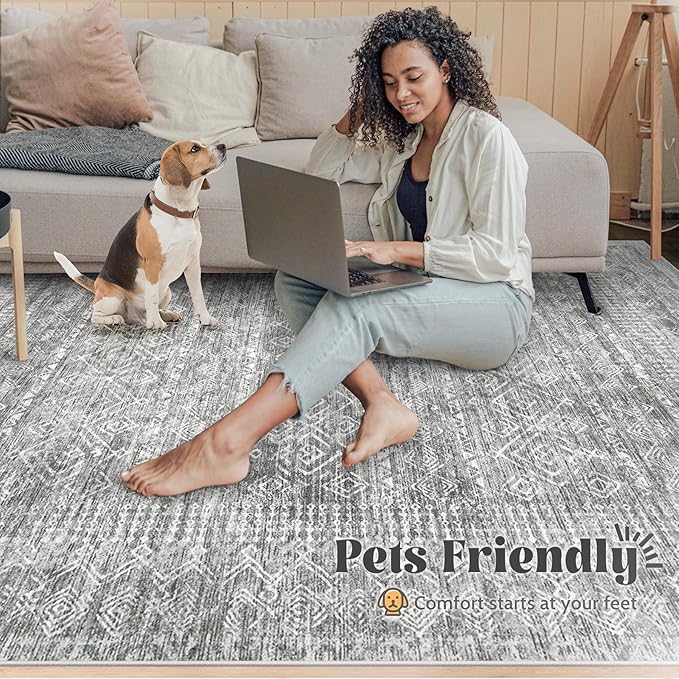 2x8 Washable Runner Rug: Moroccan Geometric Boho Rug Farmhouse Non Slip Stain Resistant Rugs Low Pile Soft Carpet for Porch Kitchen Laundry Room Living Room Bedroom (Grey,2'x8')