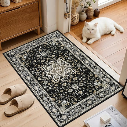 2x3 Area Rugs Living Room Rug: Washable Vintage Boho Medallion Rug No Slip Stain Resistant Soft Carpet Indoor Large Carpets for Bedroom Dining Room Farmhouse Nursery Hallway Home Office Black Gold