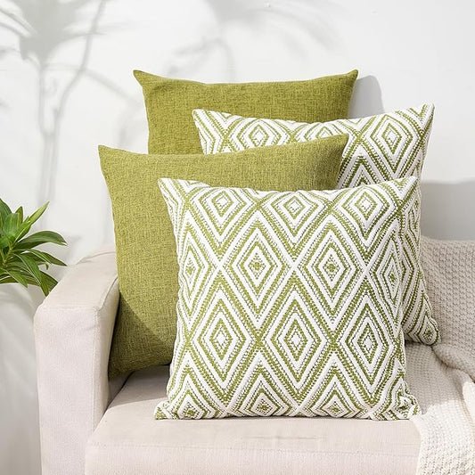 HPUK Decorative Throw Pillow Covers Set of 4 Geometric Design Linen Cushion Cover for Couch Sofa Living Room, 18"x18" inches, Green