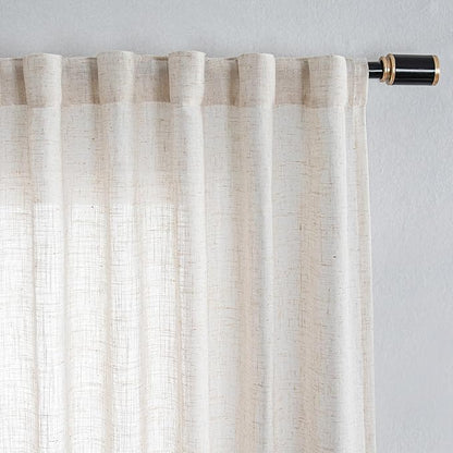 MYSKY HOME Linen Sliding Glass Door Curtains for Living Room 84 Inches Long, Natural Light Filtering Semi Sheer Curtains & Drapes 1 Panel Farmhouse Country Boho Style Back Tab Draperies, 100" Wide