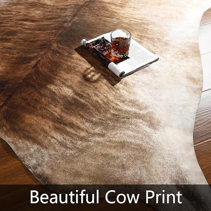 AROGAN 8x10 Feet Faux Cowhide Area Rugs for Living Room, Animal Skins Cow Hide Rug for Bedroom, Cool Western Christmas Decor, Thin Leather Cow Hide Carpets Fireplace Rug, Brownish