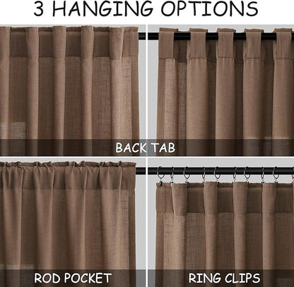 Caramel Brown Linen Curtains 96 Inches Long for Living Room Rod Back Tab Burlap Textured Linen Drapes Vintage Rustic Farmhouse Light Filtering Curtain 96 Inch Length for Dinning Room Bedroom 52x96
